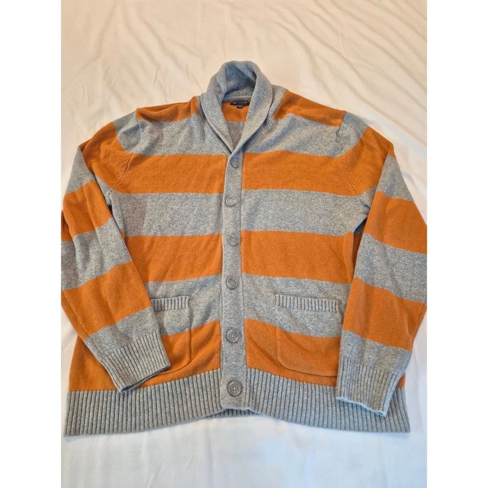 Gap Mens Shawl Collar Rugby Stripe Cardigan Sweater Orange Grey XL Preppy Cozy